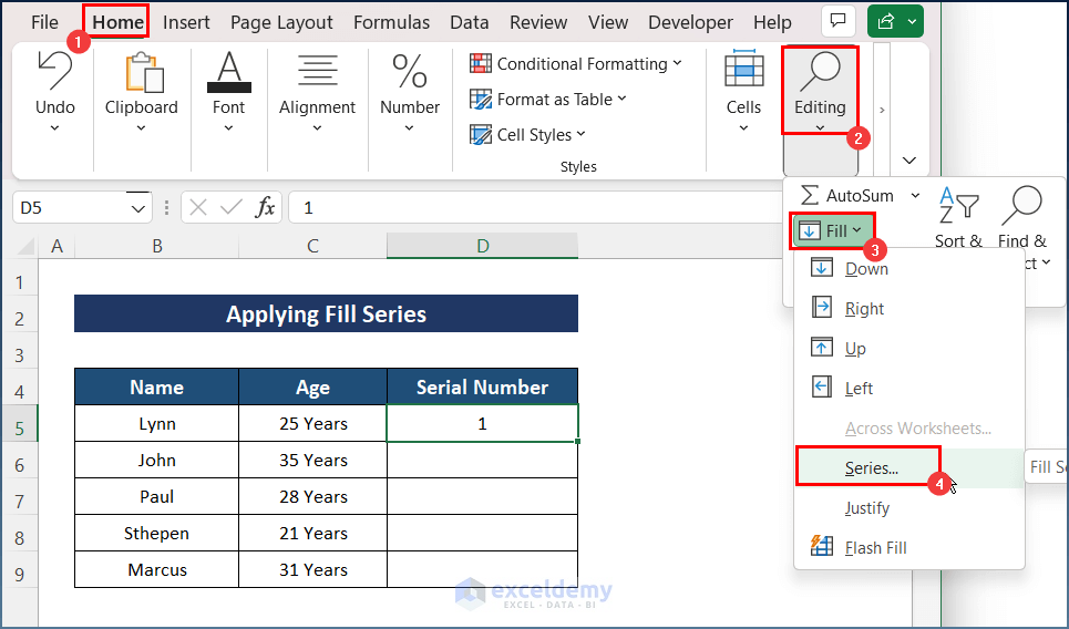 Applying Fill Series to Auto Generate Number Sequence in Excel