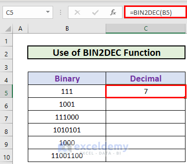 BIN2DEC function excel binary to decimal