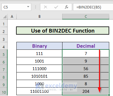 BIN2DEC function excel binary to decimal