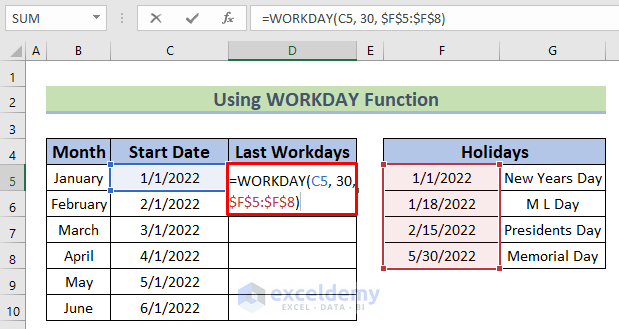 Uso de la función WORKDAY para calcular los días laborables en un mes en Excel