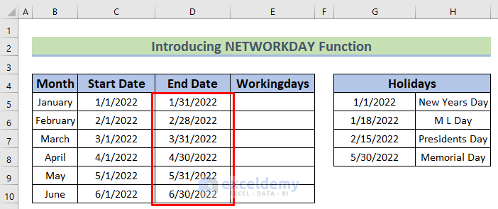 Cálculo de días laborables en un mes en Excel mediante la introducción de la función NETWORKDAYS