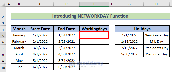 Calculating Working Days in a Month in Excel by Introducing NETWORKDAYS Function