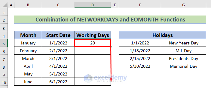Combining NETWORKDAYS and EOMONTH Functions to excel calculate working days in a month