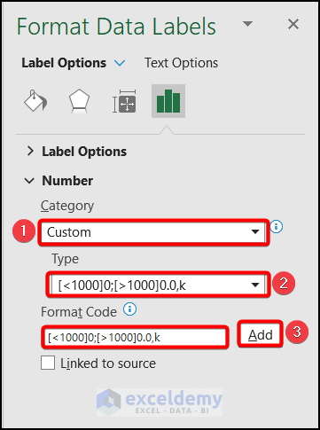 Adding Format Code to show data labels in thousands in Excel Chart