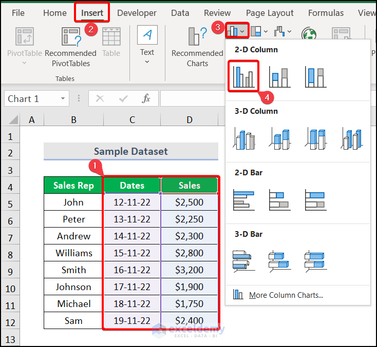 Insert an Excel Chart to show only dates with data