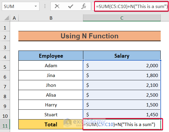 entering formula to show how to add comment in excel formula