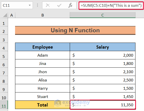 using the n function to add comment in excel formula