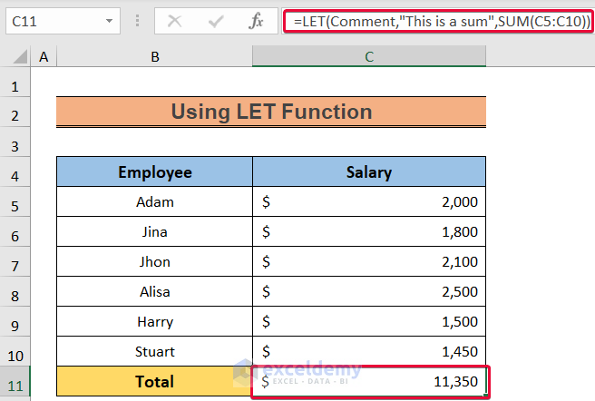 using the let function to add comment in excel formula