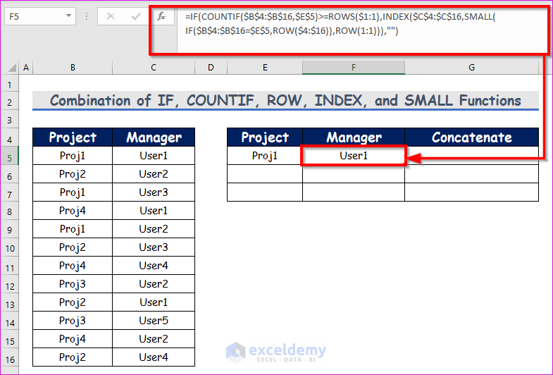 Combination of IF, COUNTIF, ROW, INDEX, and SMALL Functions to Concatenate with VLOOKUP
