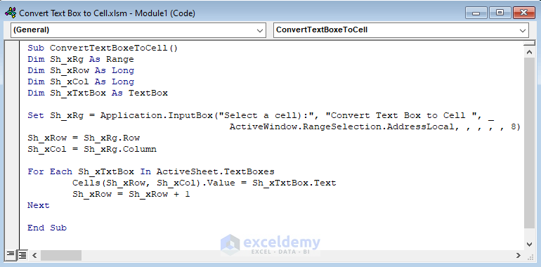 vba code to convert a text box to a cell in Excel