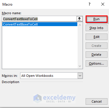 running the macro to convert a text box to a cell in Excel