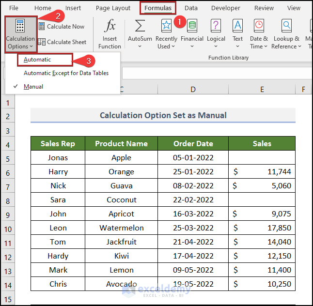Selecting Automatic Calculation Option to Fix COUNT Function not working in Excel