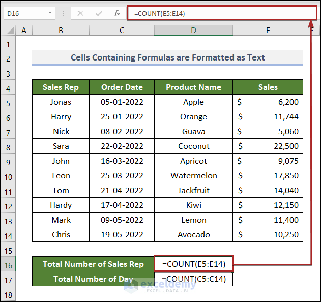 When Cells Containing COUNT Formula Are Formatted as Text