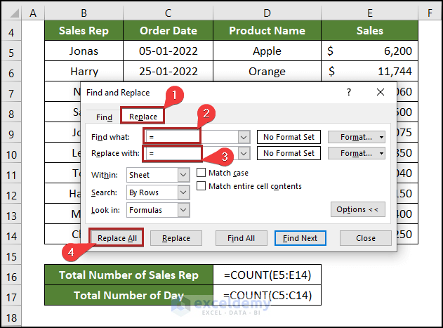 Utilizing Find and Replace Feature to Fix COUNT Function not working in Excel