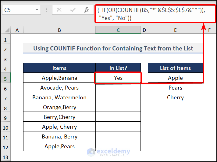 Utilizing COUNTIF Function to Count Cell That Contains Text from the List