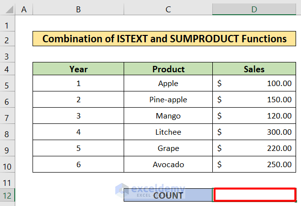 Istext and Sumproduct Function to excel countif text from list