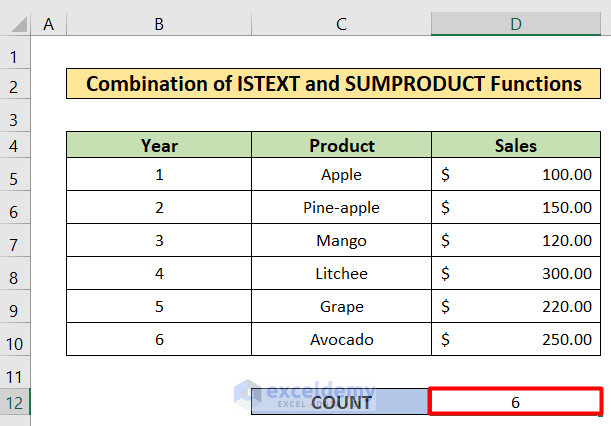 Istext and Sumproduct Function to excel countif text from list