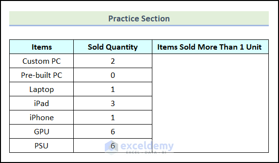Practice section to use the COUNTIF function to find values greater than 1