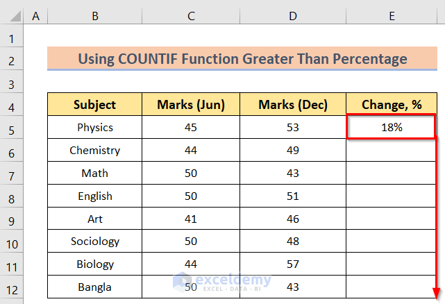 Using Fill Handle to excel countif greater than percentage