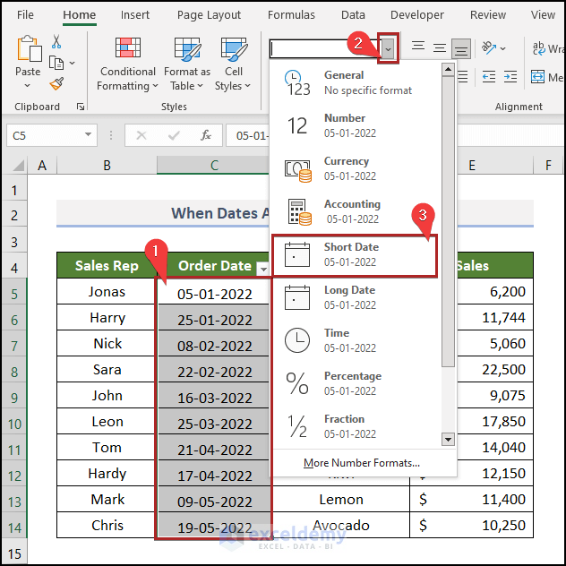 Applying Short Date format to fix Date Filter not working in Excel