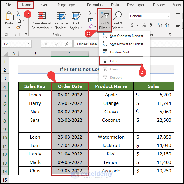 Applying Filter to fix Date Filter not working in Excel