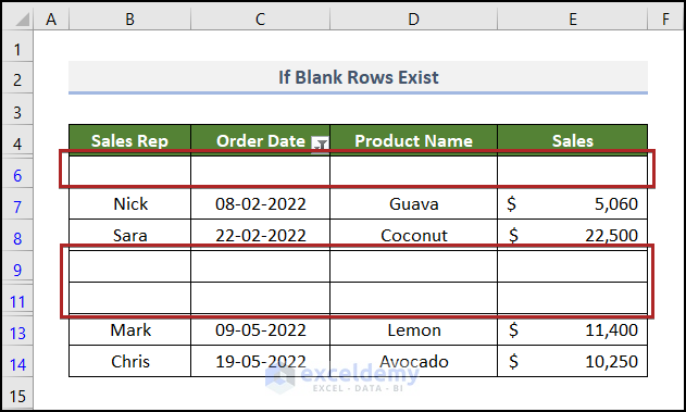 showing blank rows in Date filter in Excel