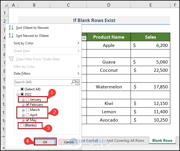 Deselecting Blanks to fix Date Filter not working in Excel