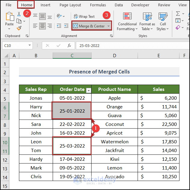Unmerging Cells to fix Date Filter not working in Excel