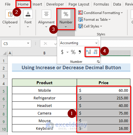 using increase or decrease decimal button to solve the excel decimal places problem
