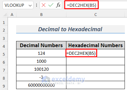 Uso de la función DEC2HEX de Excel para convertir decimal a hexadecimal (hexadecimal)
