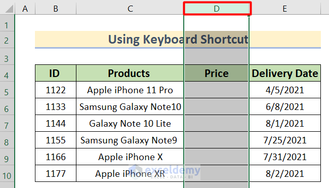 Using Using Keyboard shortcut to excel delete empty columns with header