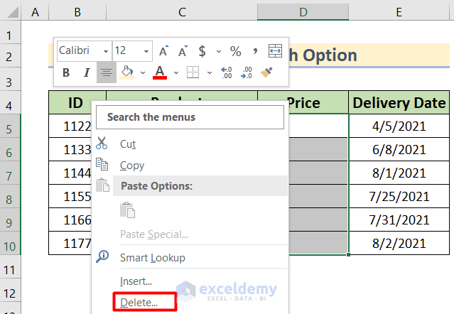 Using Find and Search option to excel delete empty columns with header