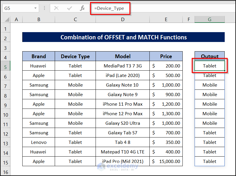 excel dynamic named range based on cell value using offset and match for text output