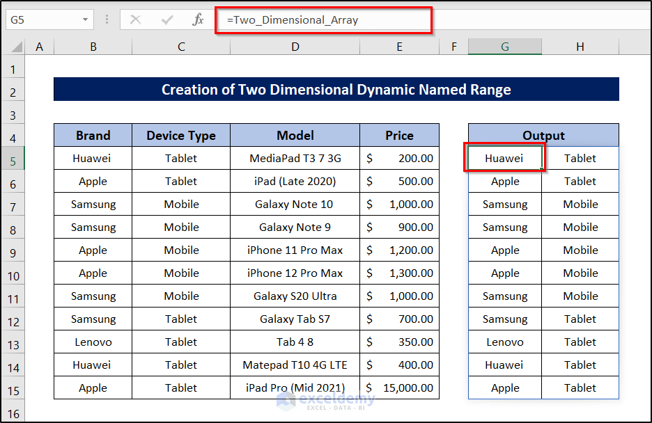 excel dynamic named range based on cell value for two dimensional arrays output