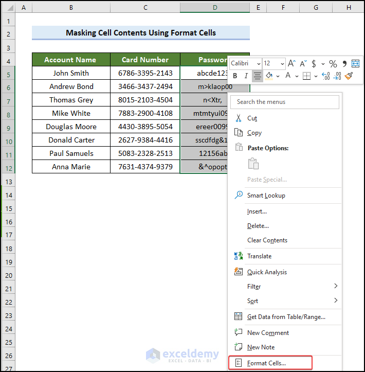 Alternativa de cifrado: uso de funciones de Excel para enmascarar el contenido de las celdas