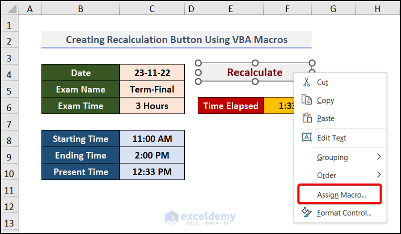 Assign Macro to Recalculate Button in excel