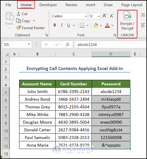 Uso del complemento Cifrar/Descifrar para contenido de celda en Excel