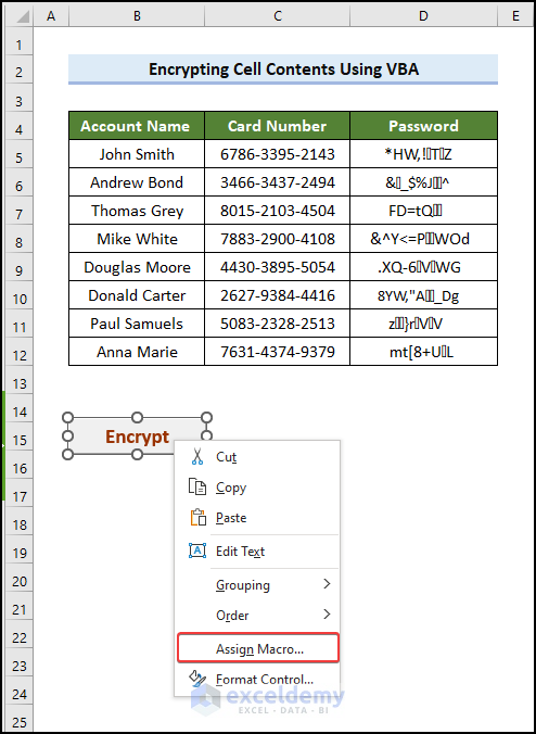 Assign macro to encrypt cell contents in Excel