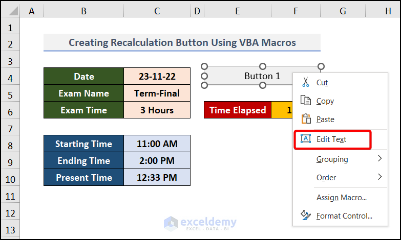 Edit text for excel recalculate button