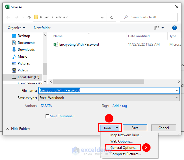 Using Tools Option to Encrypt Excel File With Password
