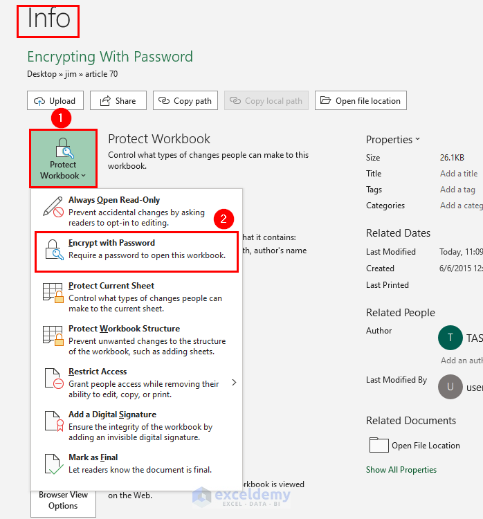 Selecting Encrypt with Password option to Encrypt Excel File With Password