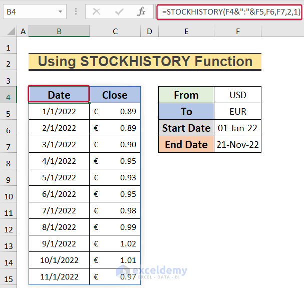 inserting formula to show how to exchange rate by date in excel