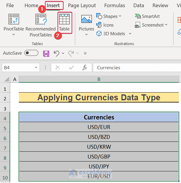 inserting table to show how to exchange rate by date in excel