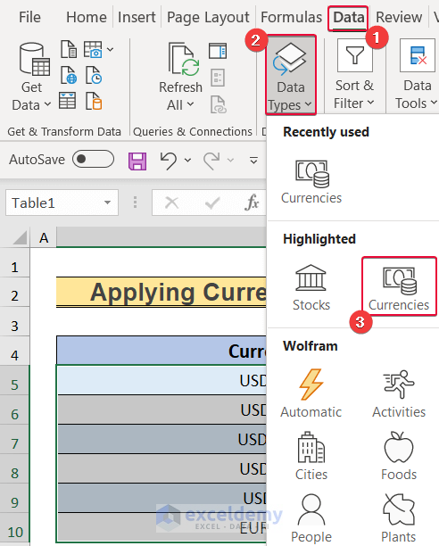 using currencies data type to show how to exchange rate by date in excel