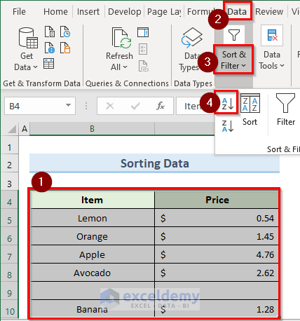 sorting dataset to solve excel filter stops at blank row problem