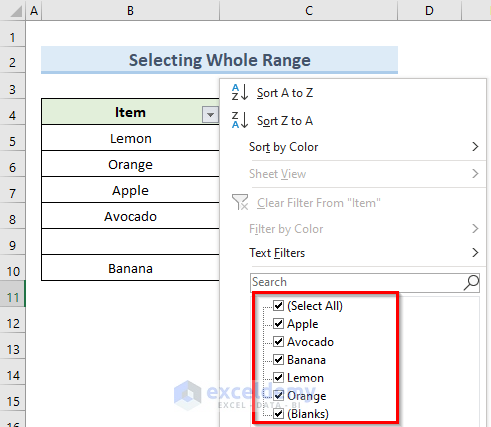 selecting whole range to solve excel filter stops at blank row problem