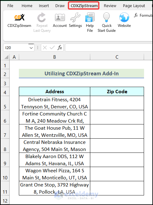 Utilizando el complemento CDXZipStream para encontrar el código postal de la dirección en Excel