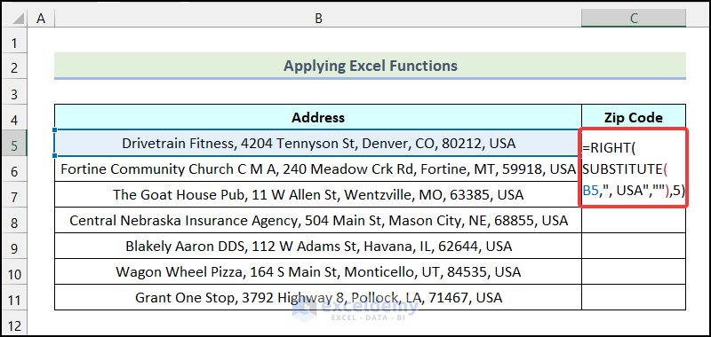 Aplicación de funciones de Excel para encontrar el código postal de la dirección en Excel