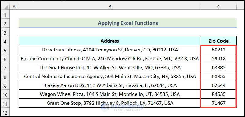 Salida final del método 1 para encontrar el código postal de la dirección en Excel
