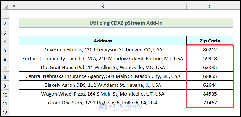 Final output of method 2 to find ZIP Code from the address in Excel